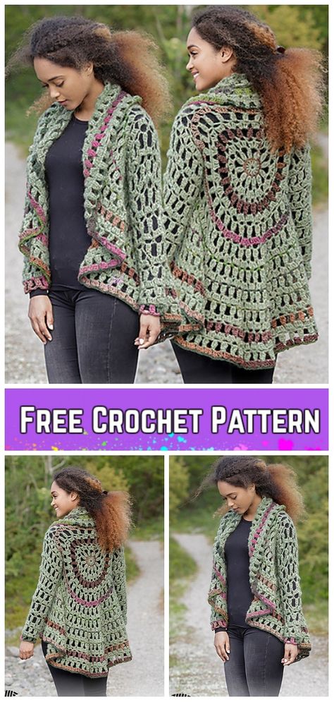 Crochet Forest Cycle Jacket Free Crochet Pattern Crochet Circle Jacket, Crochet Forest, Crochet Circle Vest, Crochet Jacket Pattern, Crochet Women, Hippie Crochet, Black Crochet Dress, Crochet Circles, Crochet Clothes For Women