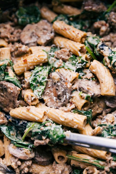 Creamy Sausage And Mushroom Rigatoni - Chelsea's Messy Apron Mushroom Rigatoni, Sausage Noodles, Sausage Mushroom, Sausage Rigatoni, Rigatoni Recipes, Sausage Sauce, Mushroom Recipes Pasta, Sausage Pasta Recipes, Mushroom Casserole