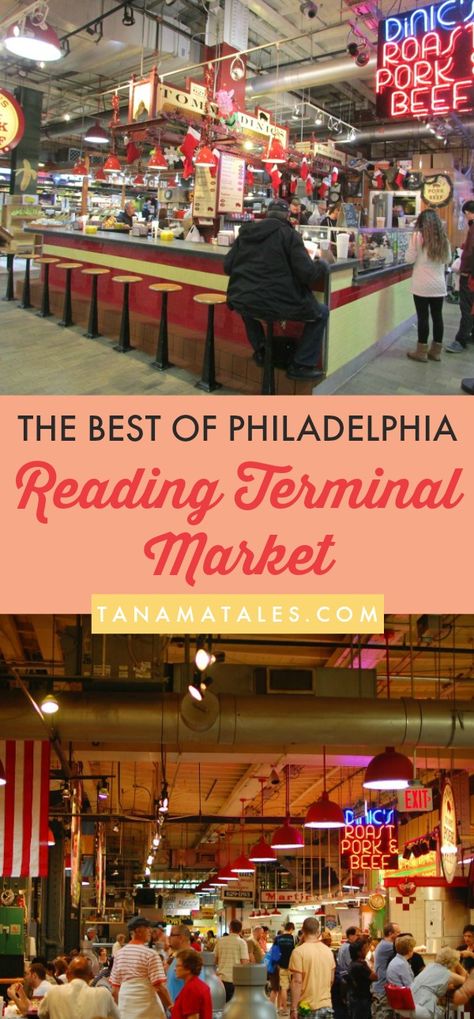 Things to do and places to visit in Philadelphia, Pennsylvania – The historic Reading Terminal Market has over one hundred merchants selling fresh produce, meat, artisan cheese, baked goods, ice cream, flowers, ethic foods and much more. From cheesesteak that have to be ordered under the Liberty Bell to Dutch and Amish specialties to turkey tails (hmmmm), this place is a must for those who want to learn more about the spirit of Philadelphia. Philadelphia Itinerary, Philadelphia Travel, Reading Terminal Market, Visit Philadelphia, South Philly, Pennsylvania Travel, Cheese Baked, Artisan Cheese, Liberty Bell