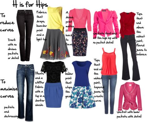 top row only1.Wear darker fabrics on your bottom half with no obvious pockets or details  3.If you wear a patterned bottom, take the light or bright color from the bottom to wear on your top and draw the eye upwards. On your bottom half only wear dense small patterns that the eye can’t focus on.  Avoid larger patterns 4.Wear jackets that end at the high hip with no pocket detail 5.Wear tops that end ABOVE your widest point Flared jeans help balance your hips Pear Shape Fashion, Flowy Skirts, Inside Out Style, Narrow Hips, Wide Shoulders, Apple Body Shapes, Pear Body Shape, Petite Style, Red Retro