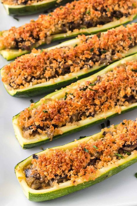 Mushroom Zucchini Recipe, Zucchini Boat, Parmesan Crusted Zucchini, Stuffed Vegetables, Delicious Sides, Carmelized Onions, Sweet Onions, Italian Side, Mushroom Dish