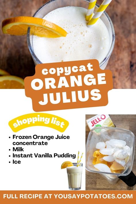 Glass of juice, list of ingredients and text: Copycat Orange Julius. Orange Julius Recipe Original, Copycat Orange Julius, Orange Julius Smoothie, Orange Julius Recipe, Christmas Drinks Alcohol Recipes, Smoothie Popsicles, Creami Recipes, Orange Julius, Orange Juice Concentrate