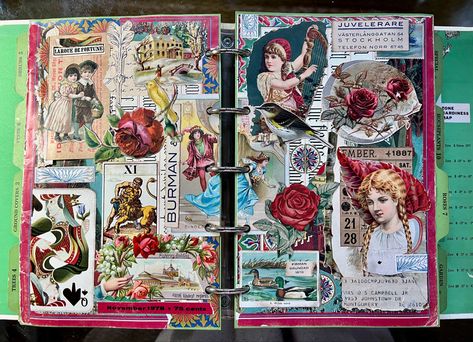 Alt Scrapbook, Maximalist Scrapbook, Sticker Collage Ideas Art Journals, Fantasy Scrapbook Journal, Red Pages, Goth Junk Journal Pages, Coiled Fabric Basket, Cute Sketches, Glue Book