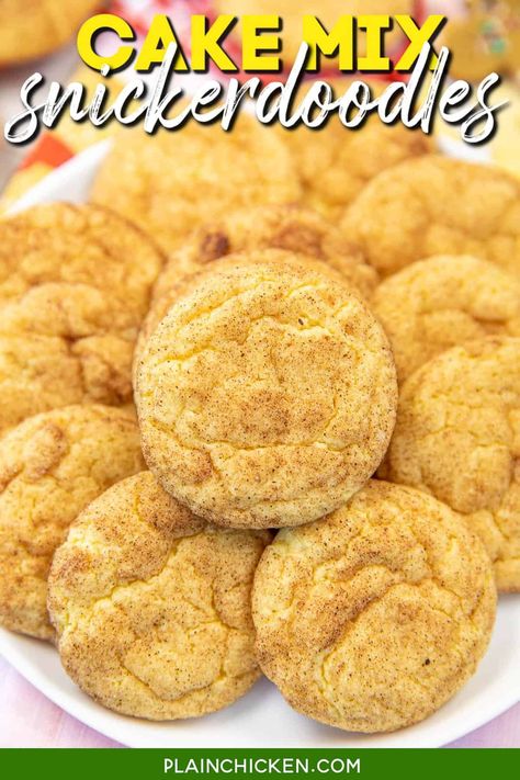 Cake Mix Snickerdoodles, Yellow Cake Mix Desserts, Cookie Cake Recipe Easy, Yellow Cake Mix Cookies, Easy Snickerdoodle Recipe, Easy Snickerdoodles, Yellow Cake Mix Recipes, Spritz Cookie Recipe, Cake Box Cookies