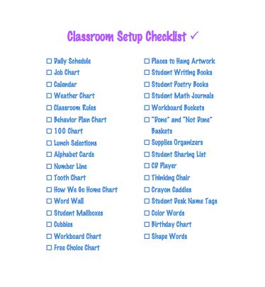 Classroom setup checklist Small Resource Classroom Setup, Setting Routines, Classroom Checklist, Daycare Schedule, Classroom Setup Elementary, Classroom Arrangement, Dream Classroom, Classroom Helpers, Class Jobs