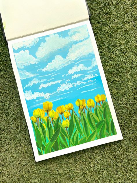 Acrylic Asthetic Paintings, Tulip Garden Drawing, Oil Pastel Art Aesthetic Flowers, Tulip Painting Aesthetic, Field Of Tulips Painting, Gouache Tulips, Gouache Flower Field, Tulip Field Drawing, Tulips Drawing Aesthetic