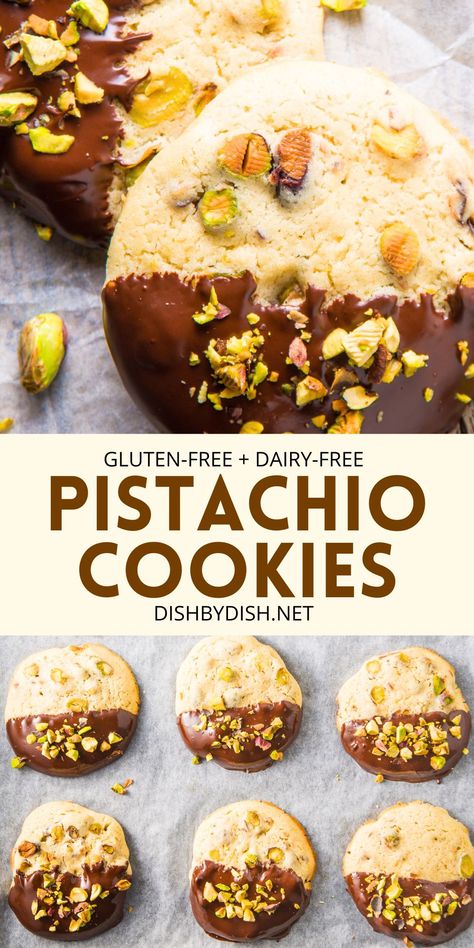 Collage of images of chocolate-dipped pistachio cookies Gluten Free Pistachio, Pistachio Shortbread Cookies, Gluten Free Cookies Easy, Pistachio Shortbread, Quick And Easy Sweet Treats, Gluten Free Shortbread, Cookie Recipe Video, Fancy Desserts Recipes, Pistachio Cookies