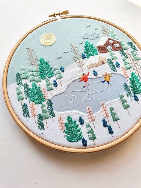 embroidery patterns Winter Scene Embroidery, Layered Fabric Embroidery, Layered Embroidery Art, Embroidery Winter Patterns, Snow Globe Embroidery, Spring Embroidery Designs, Cozy Embroidery, Snow Embroidery, Embroidery Pictures