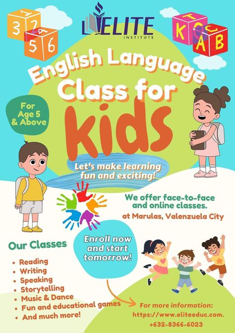 We all want to give our children the best chance at success and give them the resources they need to have a successful future. If you want your children to build confidence in utilizing the English language, ELITE Institute is ready to assist you! We provide comprehensive materials that are appropriate for your child's level. Classes are engaging as we have professional and friendly teachers. What are you waiting for? Enroll today, and we'll see you in class tomorrow! ... Tutoring Flyer, English Posters, Class Poster, Learning English For Kids, Teacher Planning, Admission Open, English Activities, English Course, English Reading