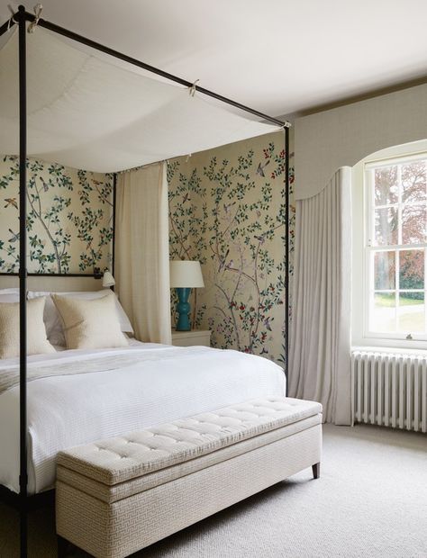 Waterside House, English Country House Bedroom, Turner Pocock, Headboard Curtains, Family Houses, Cosy Bedroom, Hand Painted Wallpaper, Bedroom Bliss, House Bedrooms