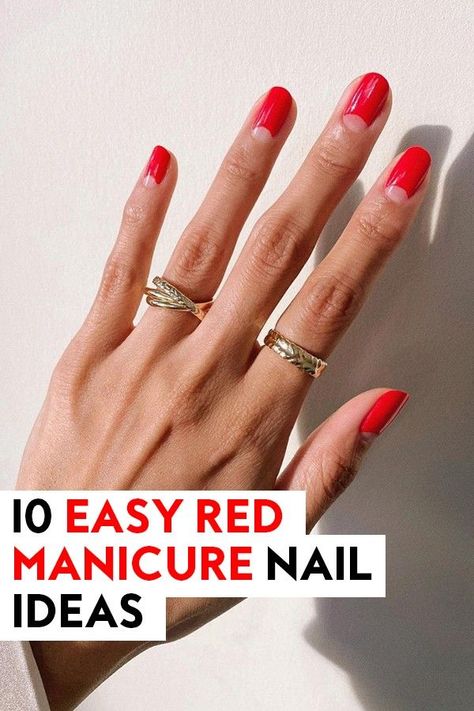 Deep Red Manicure, Classic Red Manicure, Red Shirt Nails Ideas, Abstract Red Nails, Red Polish Nail Designs, Red Nails Simple Design, Easy Red Nail Designs, Short Red Nails Design, Red Manicure Ideas