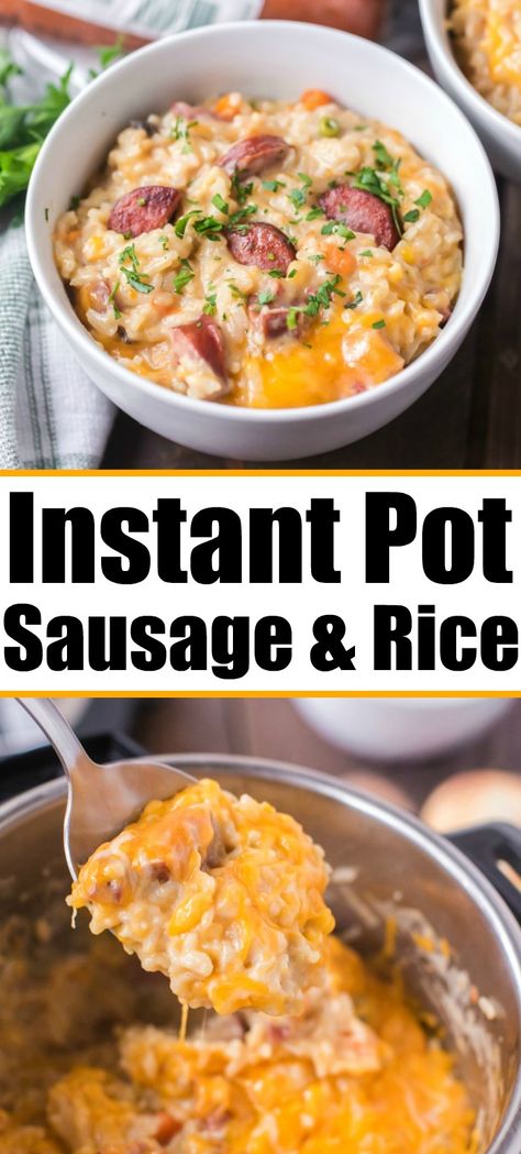 Instant Pot sausage and rice is so good! A cheesy casserole packed with smoked sausage, tender rice and vegetables cooked all in one pot in no time at all. #instantpot #instantpotrecipes #sausage #rice #casserole #cheesy #pressurecooker #ninjafoodi Cheesy Rice And Sausage Recipes, Smoked Sausage And Rice Instant Pot, Instapot Casseroles, Rice Casserole Instant Pot, Casserole Instant Pot, Sausage And Rice Casserole, Sausage And Rice, Sausage Rice, Rice And Vegetables