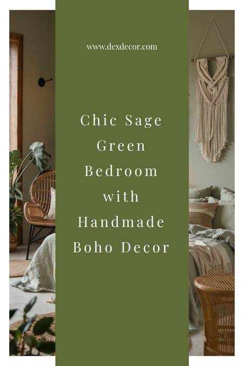 Chic sage green bedroom featuring handmade boho decor with wicker furniture and macrame wall hanging. Sage Green Boho Bedroom, Sage Green Color Palette, Green Boho Bedroom, Rattan Accents, Kitchen Tile Inspiration, Ensuite Bathroom Designs, Industrial Chic Kitchen, Rustic Industrial Kitchen, Modern Bedroom Colors