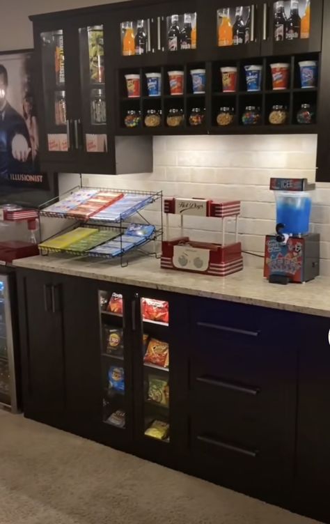 Home Theatre Snack Bar, Basement Concession Stand, Loft Kitchenette, Hangout Basement, Movie Room Snack Bar, Basement Movie Room Ideas, Obsessed Garage, Small Cinema Room, Home Theater Snack Bar