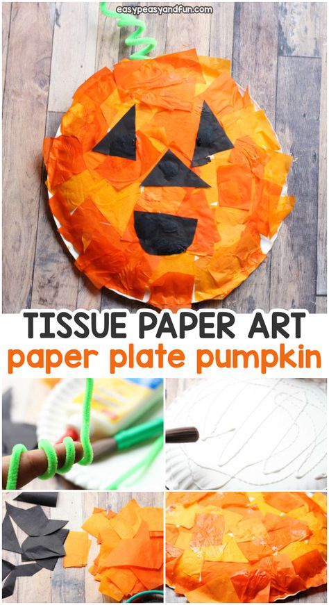 Mosaic Pumpkin Paper Plate Craft. Fun Halloween craft project for kids. Tissue Paper Mosaic, Mosaic Pumpkin, Paper Plate Pumpkin, Scary Halloween Crafts, Crafts Toddlers, Paper Pumpkin Craft, Halloween Infantil, Paper Plate Craft, Halloween Arts