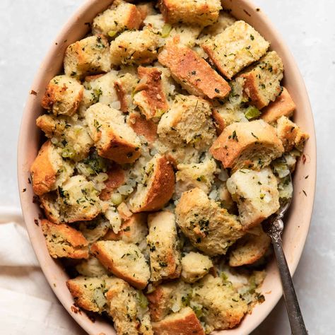 Thanksgiving Herb Stuffing - Modern Crumb Homemade Turkey Stuffing, Sage Dressing, Classic Stuffing Recipe, Classic Stuffing, Sausage Cornbread Stuffing, Turkey Stuffing Recipes, Sausage Stuffing Recipe, Homemade Stuffing, Thanksgiving 2023