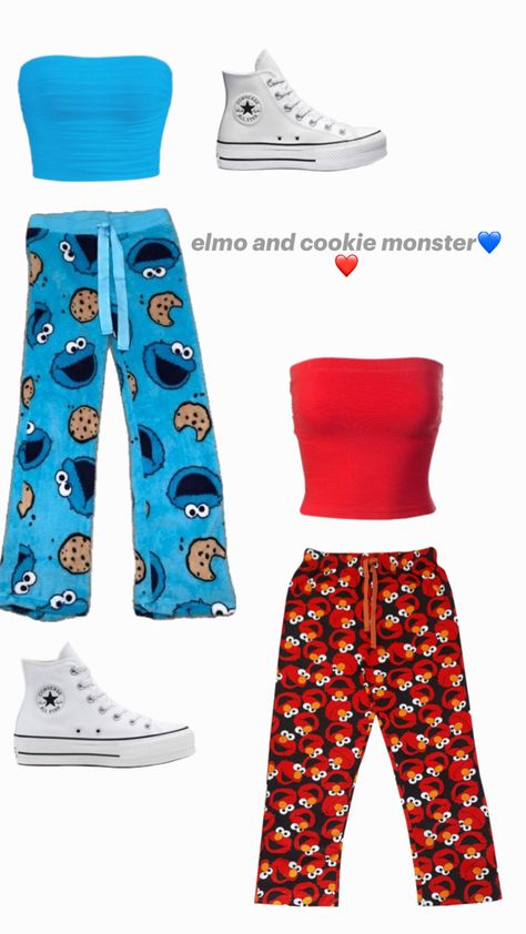 aesthetic Elmo and Cookie Monster halloween outfits ❤️💙 Cookie Monster Outfit Women, Duo Halloween Costumes Elmo And Cookie Monster, Elmo And Cookie Monster Costumes Onsie, Elmo Costume Teen, Elmo Pajama Pants, Elmo And Cookie Monster Halloween, Halloween Two People Costumes, Things To Match With Your Best Friend, Dual Halloween Costumes