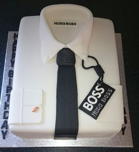 Hugo Boss Shirt Cake Hugo Boss shirt cake. Vanilla Madeira with sugarpaste covering and decorations. Cake Design For Men, Birthday Cake For Husband, Dad Birthday Cakes, Shirt Cake, Unique Birthday Cakes, Boss Shirt, Homemade Birthday Cakes, Elegant Birthday Cakes, Fathers Day Cake