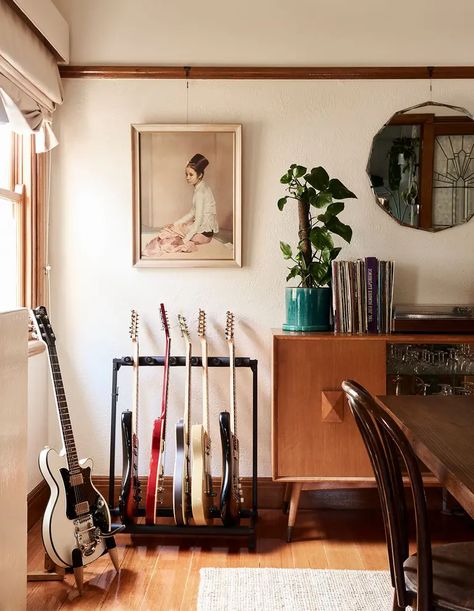 Lilli Waters and Jake Cole - The Design Files | Australia's most popular design blog. Music Room Design, Home Music Rooms, Guitar Rack, Guitar Room, Music Studio Room, Music Room Decor, Australian Interior Design, Home Studio Music, Bohemian Interior