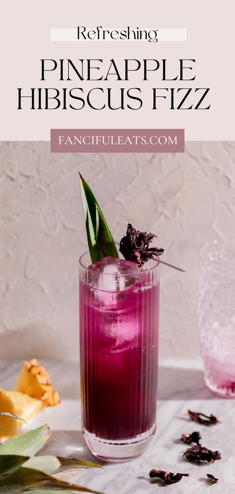 Pineapple Hibiscus Fizz. Hibiscus Recipe, Hibiscus Cocktail, Hibiscus Drink, Hibiscus Syrup, Hot Sunny Day, Drink Syrups, Homemade Soda, Cocktail Appetizers, Refreshing Drinks Recipes