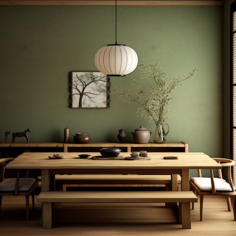 Japandi Wall Colors, Japandi Green, Interior Plants Decoration, Japandi Dining Room, Tattoo Home, Aesthetic Entrance, Dining Room Wall Color, Inspiration Wall Art, Aesthetic Door