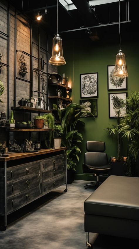 Green Tattoo Studio, Private Tattoo Studio Interior, Green Esthetician Room, Tattoo Parlor Interior, Tattoo Room Studio, Moody Salon, Tattoo Parlor Aesthetic, Tattoo Studio Decoration Ideas, Moody Office Design