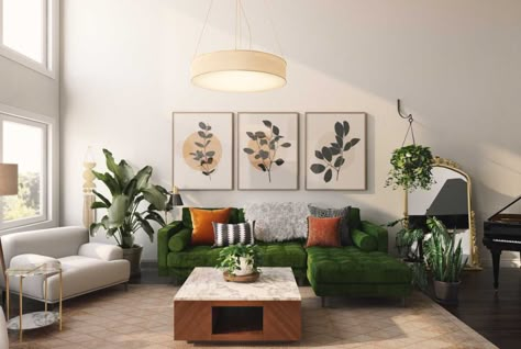 Modern Green Living Room, Green Couch Living Room, Mcm Living Room, Green Sofa Living Room, Mid Century Living Room, Mid Century Modern Living Room, Eclectic Living Room, Chic Living Room, Living Room Green