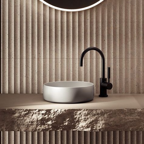 Bowl washbasin by Bette. Minimal countertop equipment that accomodates functional bathroom designs, available in 50 matte and glossy finishes. Cr Design Ideas, Bowl Washbasin, Powder Washroom, Bathroom Countertop Design, Cr Design, Gray Tiles, Basin Bathroom, Functional Bathroom, Washbasin Design