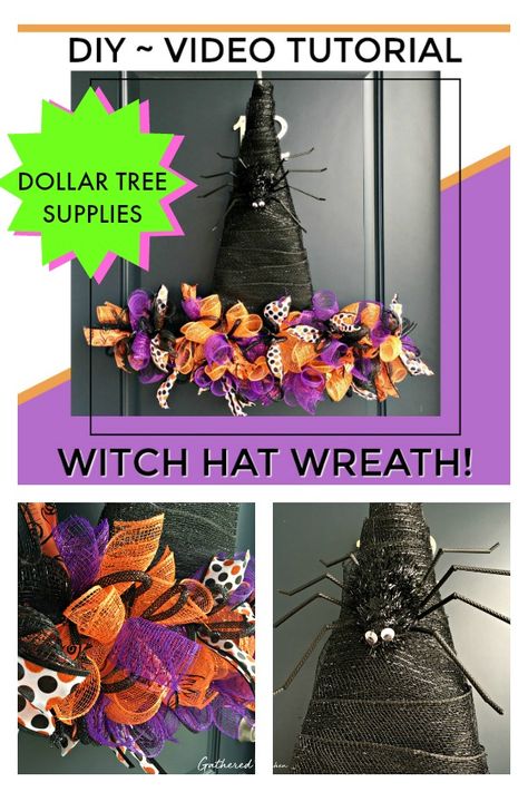 Witch Hat Wreath Tutorial, Dollar Tree Witch Hat Wreath, Make A Witch Hat, Dollar Tree Witch Hat, Halloween Witch Hat Wreath, Witch Hat Wreath, Hat Form, Halloween Mesh Wreaths, Hat Wreath