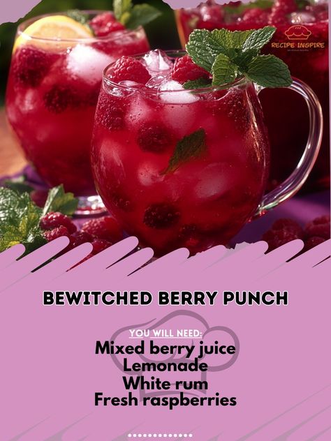 🧙‍♀️🍇 Bewitched Berry Punch – a magical berry explosion with every sip! Perfect for your enchanted gatherings. #BerryPunch #MagicalDrinks Bewitched Berry Punch Ingredients: Mixed berry juice (2 cups) Lemonade (1 cup) White rum (1/2 cup) Fresh raspberries (1/4 cup) Ice (as needed) Fresh mint (for garnish) Instructions: Mix berry juice, lemonade, and rum in a pitcher. Pour over ice and add fresh raspberries. Garnish with mint leaves. Bewitch your taste buds with this vibrant and refreshing ... Mix Berry, Berry Punch, Cocktail Party Food, Yummy Alcoholic Drinks, Fresh Raspberries, Berry Juice, Halloween Bash, Delicious Cookie Recipes, White Rum