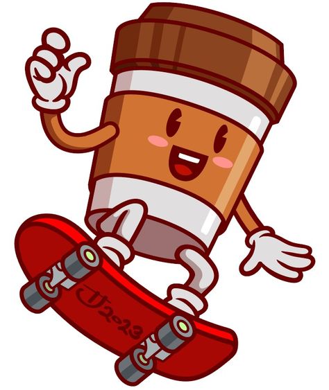 Coffee cup cartoon character design with skateboard #coffee #coffeecup #digitalart #vectorart #cutecartoon #characterdesign #cartoon #illustration #redbubbleartist #redbubbleshop #redbubble Spiderman Drinking Coffee, Coffee Cup Character, Coffee Cup Illustration Design, Coffee Bean Character, Cup Graphic Design, Coffee Mascot, Coffee Cartoons, Coffee Character, Cartoon Coffee Cup