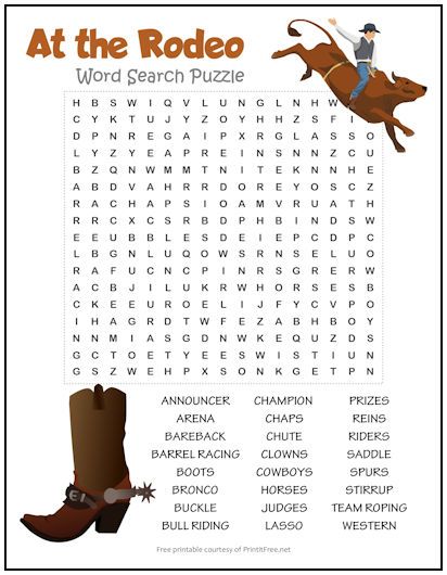 At The Rodeo Word Search Puzzle | Print it Free Western Themed Crafts For Adults, Rodeo Games For Kids, Rodeo Activities For Kids, Western Activities For Kids, Cowgirl Party Games, Western Picnic, Rodeo Crafts, Rodeo Games, Horses Birthday