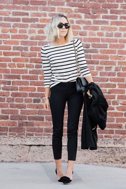 classic black and white stripe tee with black skinnies and black flats Lawyer Dress, Female Lawyer, Lawyer Outfit, Chic Business Casual, Professional Style, Summer Work Outfits, Womens Business Casual, Casual Work Outfit, Mode Casual