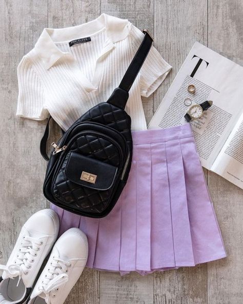 Purple Pleated Skirt Outfit, School Outfit Skirt, Purple Pleated Skirt, Twist Crop Top, Pleated Skirt Outfit, First Day Of School Outfit, Pleated Tennis Skirt, Casual Skirt Outfits, Pastel Fashion