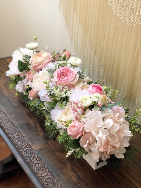 Oblong Floral Arrangement, Center Piece Flower Arrangement, Low Floral Arrangements For Table, Rectangular Flower Arrangements, Low Flower Arrangements For Table, Baby Shower Floral Arrangements, Bridal Table Flowers Arrangements, Pink Floral Centerpieces, Floral Table Centerpieces