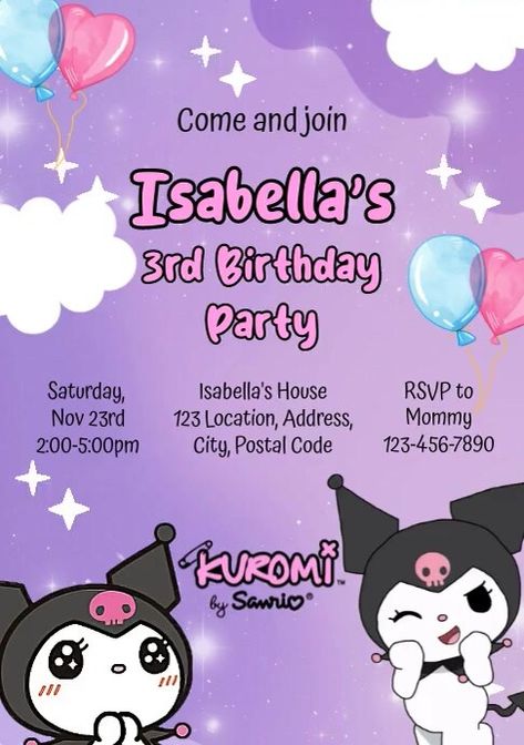 Kuromi Birthday Invitation Template, Kuromi Invitation Card Template, Kuromi Invitation Card, Kuromi Birthday Party Ideas, Editable Invitations Free Templates, Kuromi Birthday Invitation, Birthday Invitation Template Free Editable, Kuromi Birthday Party, Kuromi Birthday