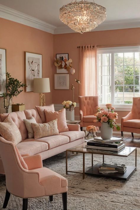 Peach Color Living Room, Peach Color Living Room Decor, Peach Sofa Living Rooms, Living Room Bright Paint Color Ideas, Apricot Sofa Living Room, Peach Living Room Walls Colour Palettes, Light Peach Wall Color Living Room, Peach Living Room Decor, Peach Living Room