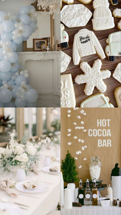 Winter Bridal Brunch Ideas, Cold Bachelorette Party Ideas, Bridal Shower Theme Ideas Winter, Christmas Bridal Brunch Ideas, Snow In Love Bridal Shower Cookies, December Bachelorette Party Ideas, Snow Bridal Shower Ideas, Snowflake Bridal Shower Ideas, Bridal Shower Themes December