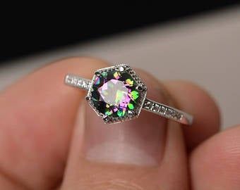 Rainbow Topaz Ring, Milgrain Ring, November Birthstone Ring, Rainbow Topaz, Mystic Topaz Ring, Promise Ring Gift, Creative Personality, White Gold Wedding Rings, Mystic Topaz