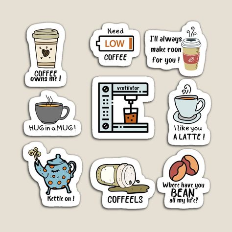 Cafe Stickers, Cafe Stickers Printable, Coffee Aesthetic Stickers, Coffee Stickers Aesthetic, Coffee Sticker Design, Painted Suitcase, Logo Design Coffee, Coffee Lover Sticker, Water Bottle Stickers Coffe