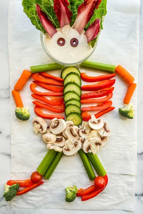 13 Easy Halloween Meals and Appetizers - Five Marigolds Halloween Party Veggies, Veggie Skeleton, Skeleton Veggie Tray, Halloween Crudite Platter, Skeleton Crudite, Mummy Cookies, Healthy Halloween Food, Healthy Halloween Snacks, Healthy Halloween Treats