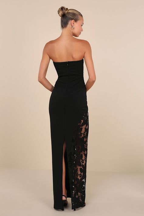 No one will be able to resist complimenting how phenomenal you look in the Lulus Irresistible Attitude Black Strapless Lace Column Maxi Dress! Stretchy crepe knit shapes this gorgeous gown that features a strapless bodice (with hidden no-slip strips) and a sleek straight neckline. Princess-seam details accent the bodycon silhouette that continues down to a maxi column skirt with a sheer lace panel along the side that lends a touch of allure. Convenient kick pleat at the back. Hidden back zipper/ Lulus Bridesmaid Dresses, Black Strapless Maxi Dress, Black Dress Lace, Strapless Black Dress, Maxi Dress Strapless, Black Lace Maxi Dress, Fav Products, Fancy Fits, All Black Dresses