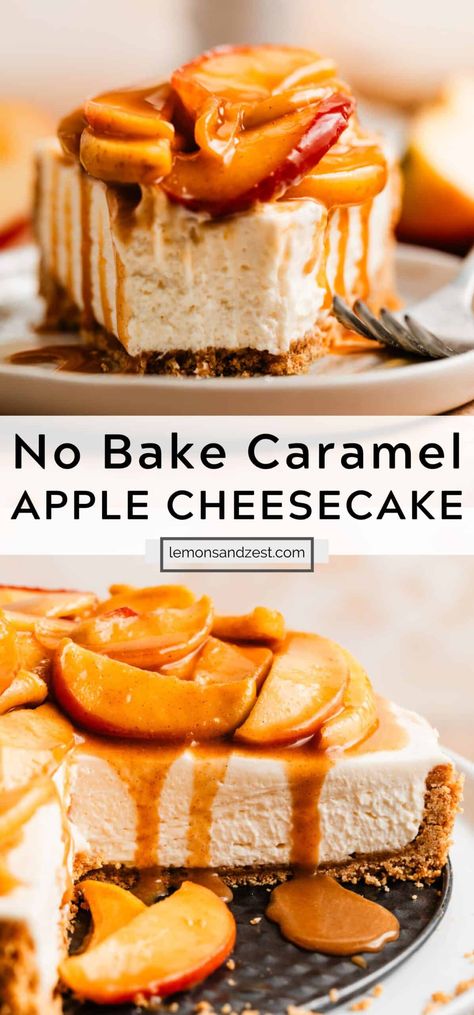 Two of your favorites: caramel apples and cheesecake come together in this simple no bake recipe. This No Bake Caramel Apple Cheesecake starts with a graham cracker crust, topped with an easy no bake cheesecake and topped with fried caramel apples. It's a new classic! No Bake Caramel Apple Cheesecake Bars, Bavarian Apple Cheesecake, Caramel Apple No Bake Dessert, Easy Quick Cheesecake Recipes, Apple Desert Ideas, Carmel Apple No Bake Cheesecake, Fall No Bake Cheesecake, No Bake Thanksgiving Cheesecake, No Bake Cheesecake Topping Ideas