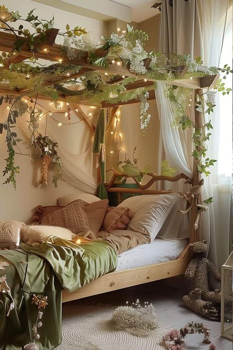 Industrial Canopy Bed, Forest Boho Bedroom, Fairy Cottage Core Room, Canopy Bed Plants, Plant Canopy Bed, Cottage Core Canopy Bed, Green Fairy Room, Greek Room Decor, Cozy Forest Bedroom