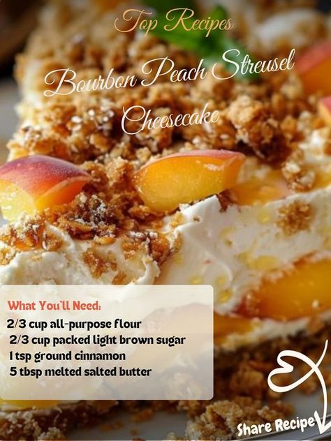 Top Recipes - Bourbon Peach Streusel Cheesecake Just... Bourbon Peach Streusel Cheesecake, Peach Bourbon Cheesecake, Bourbon Peach Cheesecake, Peach Crumb Cheesecake, Bourbon Cheesecake Recipes, Bourbon Cheesecake, Peach Streusel, Peaches Recipes, Peach Cheesecake