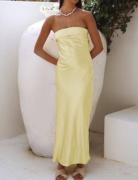 Realtix Satin Silk Backless Tube Tops Maxi Dress for Women Low Back Hollow Out Elegant Strapless Long Dresses Wedding Guest Pale Yellow Dresses, Women Summer Fashion, Strapless Long Dress, Guest Attire, Tube Top Dress, Wedding Attire Guest, Spring Summer Dress, Versatile Dresses, Satin Dress