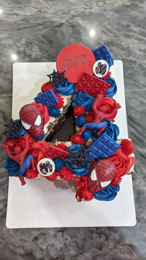 Spider man Number Cake Number Cake Spidey, Number 5 Spiderman Cake, Superhero Number Cake, Marvel Number Cake, Number 4 Spiderman Cake, 4 Spiderman Cake, Spider Man Number Cake, Number Cakes For Boys, 4 Cake Number