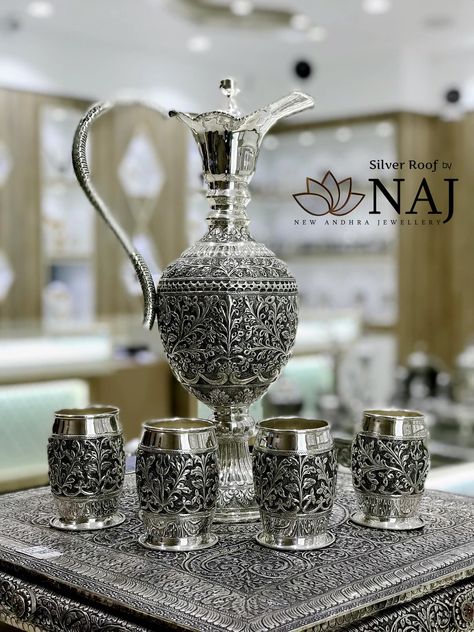 Vintage Collection - You can find lot of things in silver everywhere, but you find rare and unique things in antiques..Call or Whatsapp us on 9032041323 or email to mynaj@najindia.com... Available Only @ Naj Jewellery, Nellore.#TANAUSA, #TeluguUSA #antique #silverarticles #silver #antiquesilver #vintage #silverware #royal #gift #giftitems #rajasthanroyal Naj Jewellery, Silver Utensils, Silver Jug, Silver Silverware, Silver Market, Silver Articles, Antique Jug, 22 Carat Gold Jewellery, Manoj Kumar