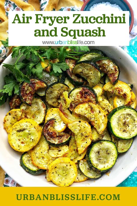 This Air Fryer Zucchini and Squash recipe is an easy and healthy side dish that's perfect for any weeknight dinner. Get the air fryer recipe at UrbanBlissLife.com. Squash Recipes Yellow Air Fryer, Airfry Squash, Squash Recipes Air Fryer, Air Fryer Squash And Zucchini, Zucchini Recipes Air Fryer, Air Fryer Zucchini And Squash, Air Fryer Zucchini Recipes, Zucchini And Squash Recipes, Air Fryer Vegetarian Recipes