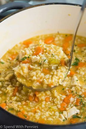 This Chicken and Rice Soup is an easy, healthy soup recipe that's perfect for chilly days! It's loaded with vegetables and brown rice, simmered in chicken broth and finished with a touch of creaminess. #chicken #soup #recipe #cooking #spendwithpennies #easysoup #chickendandrice Easy Healthy Soup, Healthy Soup Recipe, Easy Chicken And Rice, Rice Soup Recipes, Chicken Soup Recipe, Chicken Rice Soup, Chicken And Rice, Think Food, Rice Soup